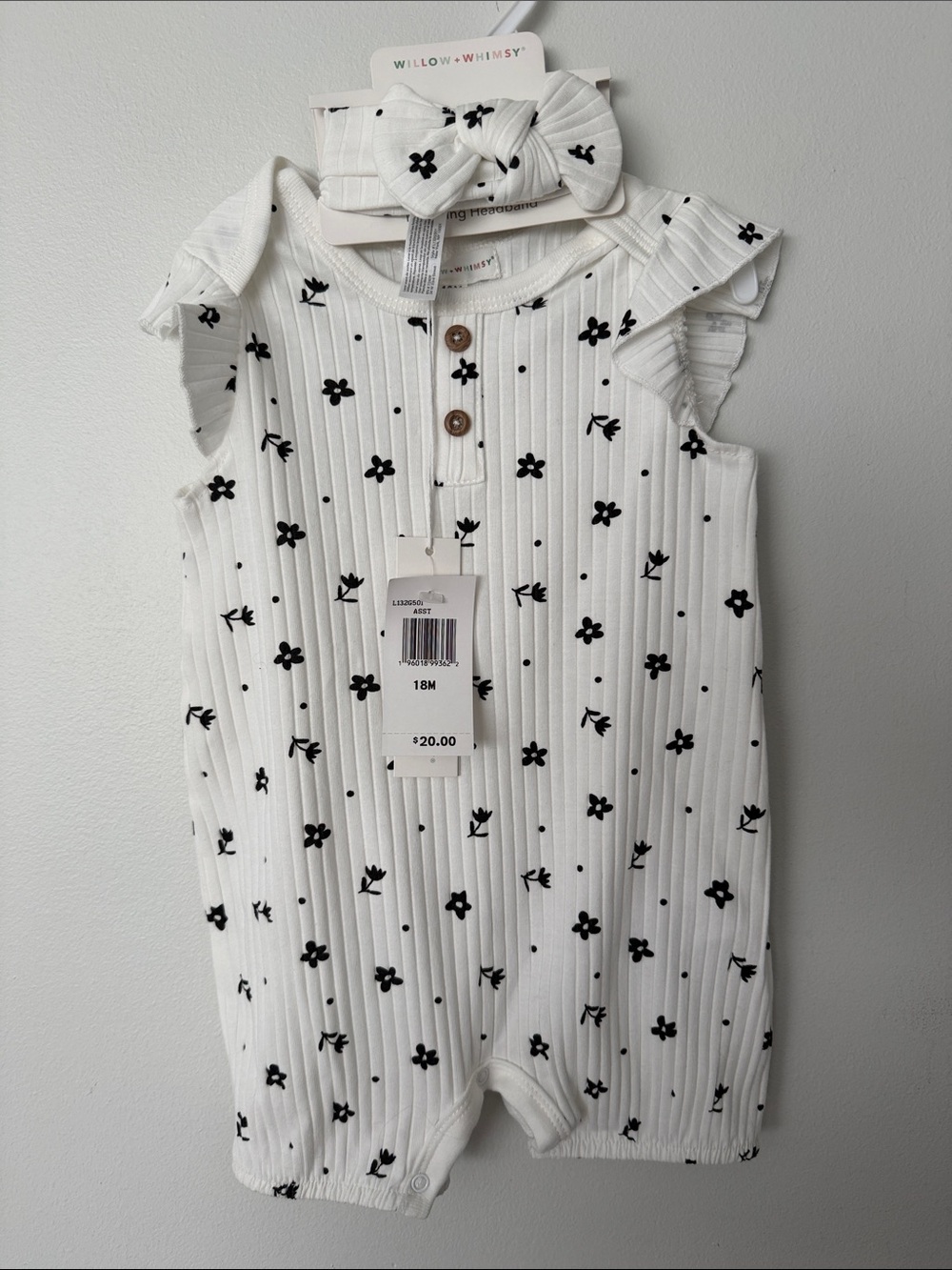 Willow + Whimsy White Floral Ribbed Baby Romper with Headband